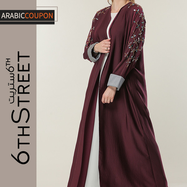 Burgundy Abaya decorated with beads