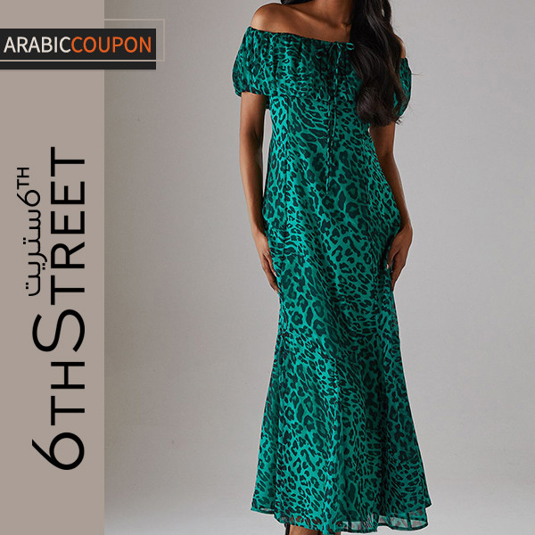 Warehouse midi dress with green leopard print