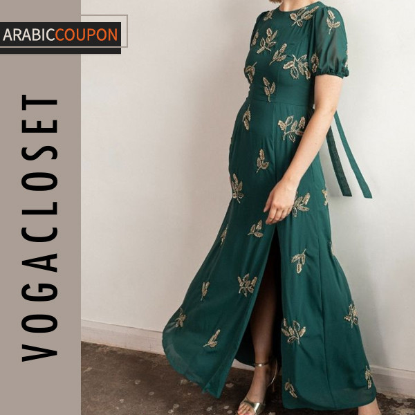 Maya Deluxe's green dress with floral embroidery