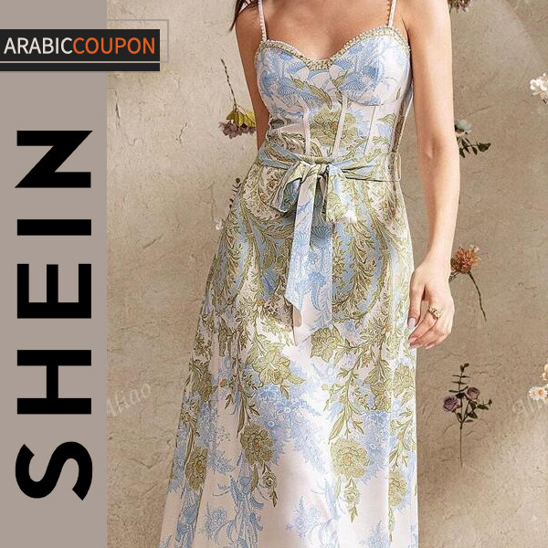 Shein dress with floral print and pearl embellishment