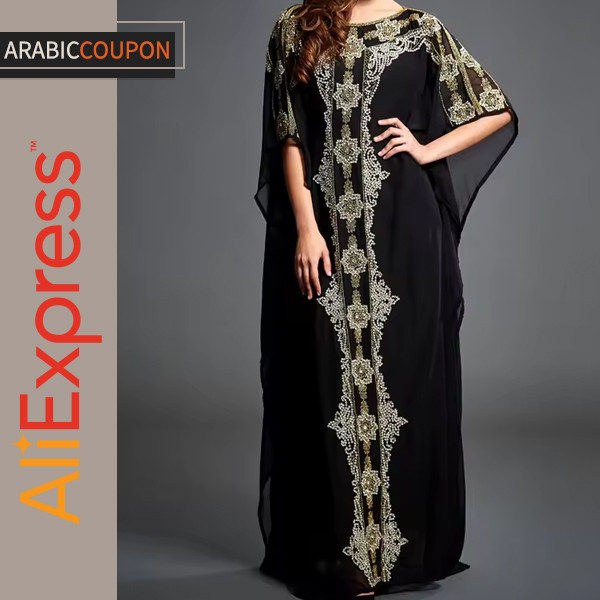 Black chiffon caftan embroidered and decorated with sequins