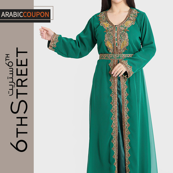 Ikkxa Green Kaftan with Gold Embroidery