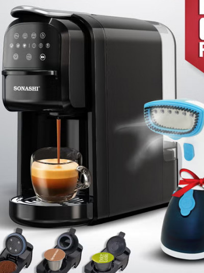 58% Noon deal on Sonashi capsule coffee machine plus free steam iron and Noon code for more savings
