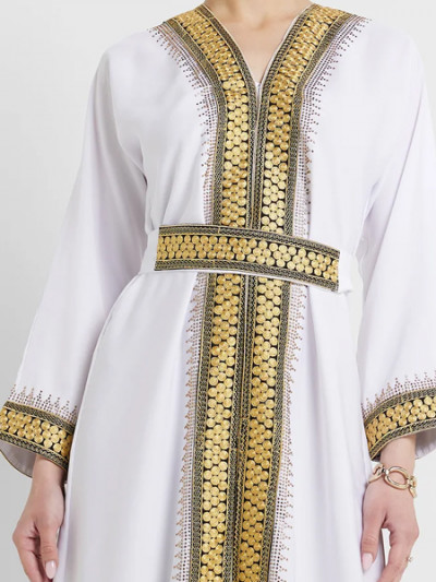 Best price on Arabian Closet White Embroidered Gold Abaya with Belt at 90% off and Namshi coupon
